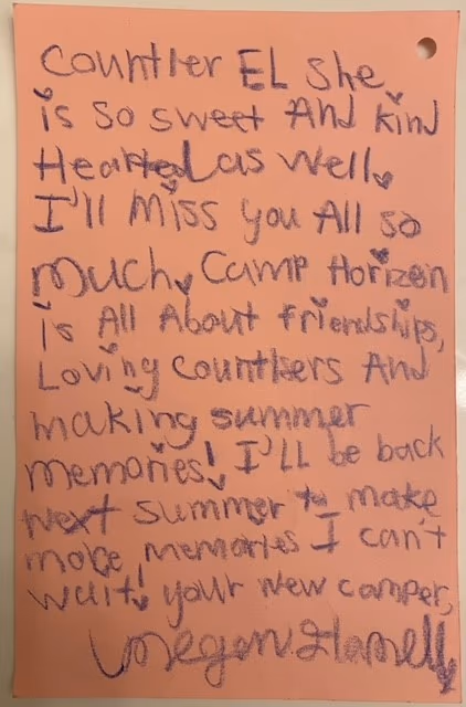 A thank you letter from a camper