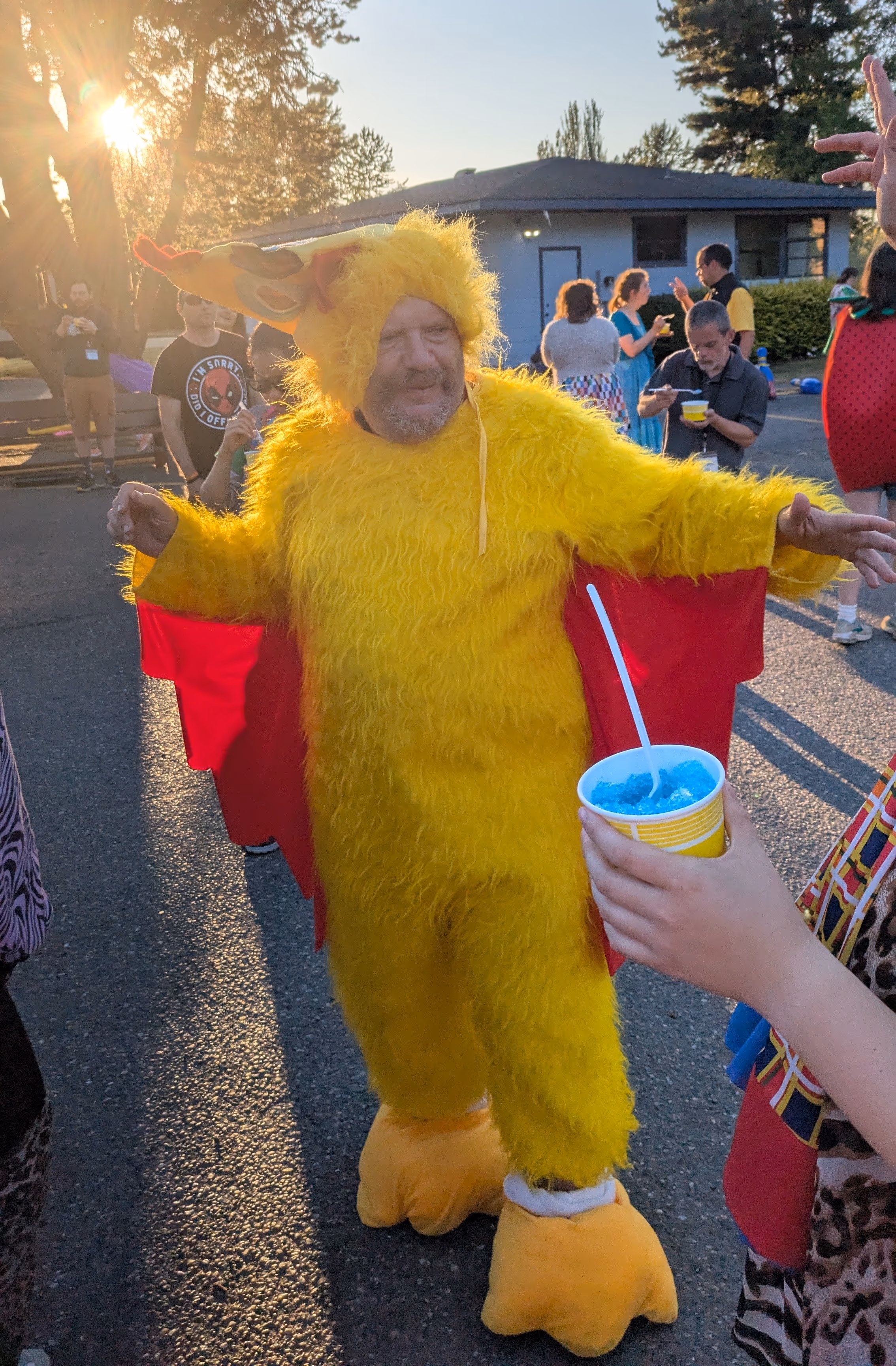 A man in a chicken costume